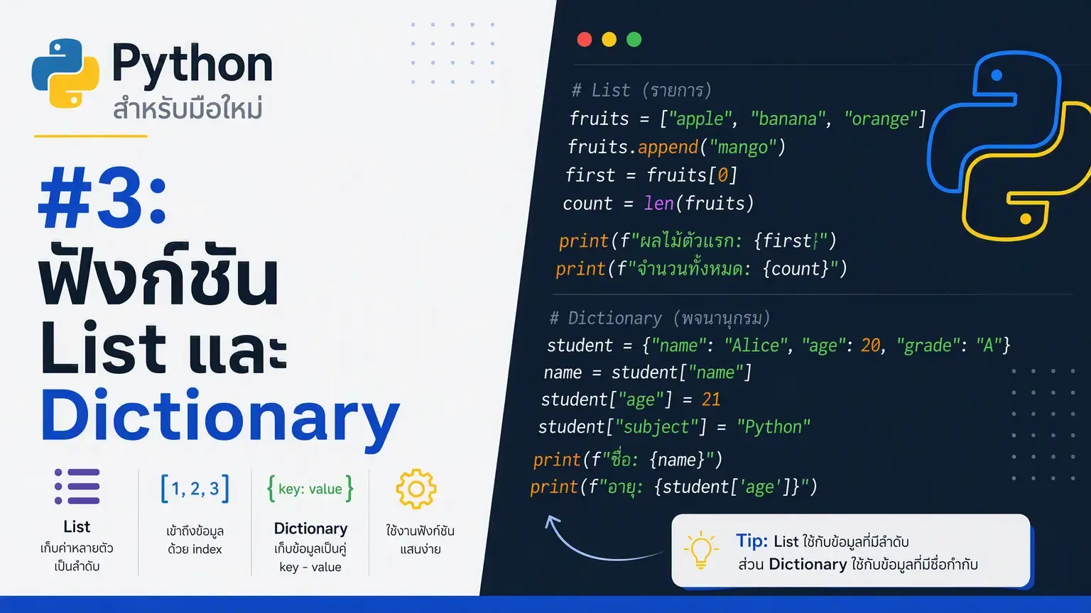 ภาพหน้าปกสำหรับบทความ Python สำหรับมือใหม่ #3: ฟังก์ชัน List และ Dictionary